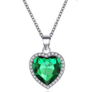 Heart Shaped Green Crystal Pendant Silver Necklace
